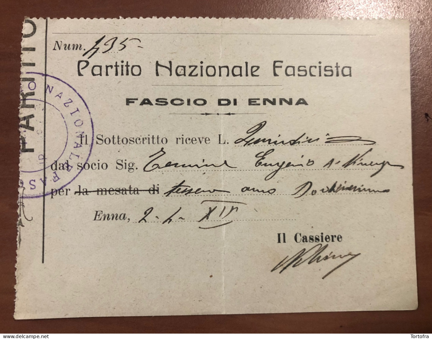 ENNA PARTITO NAZIONALE FASCISTA RICEVUTA SOCIO 1934 - Enna