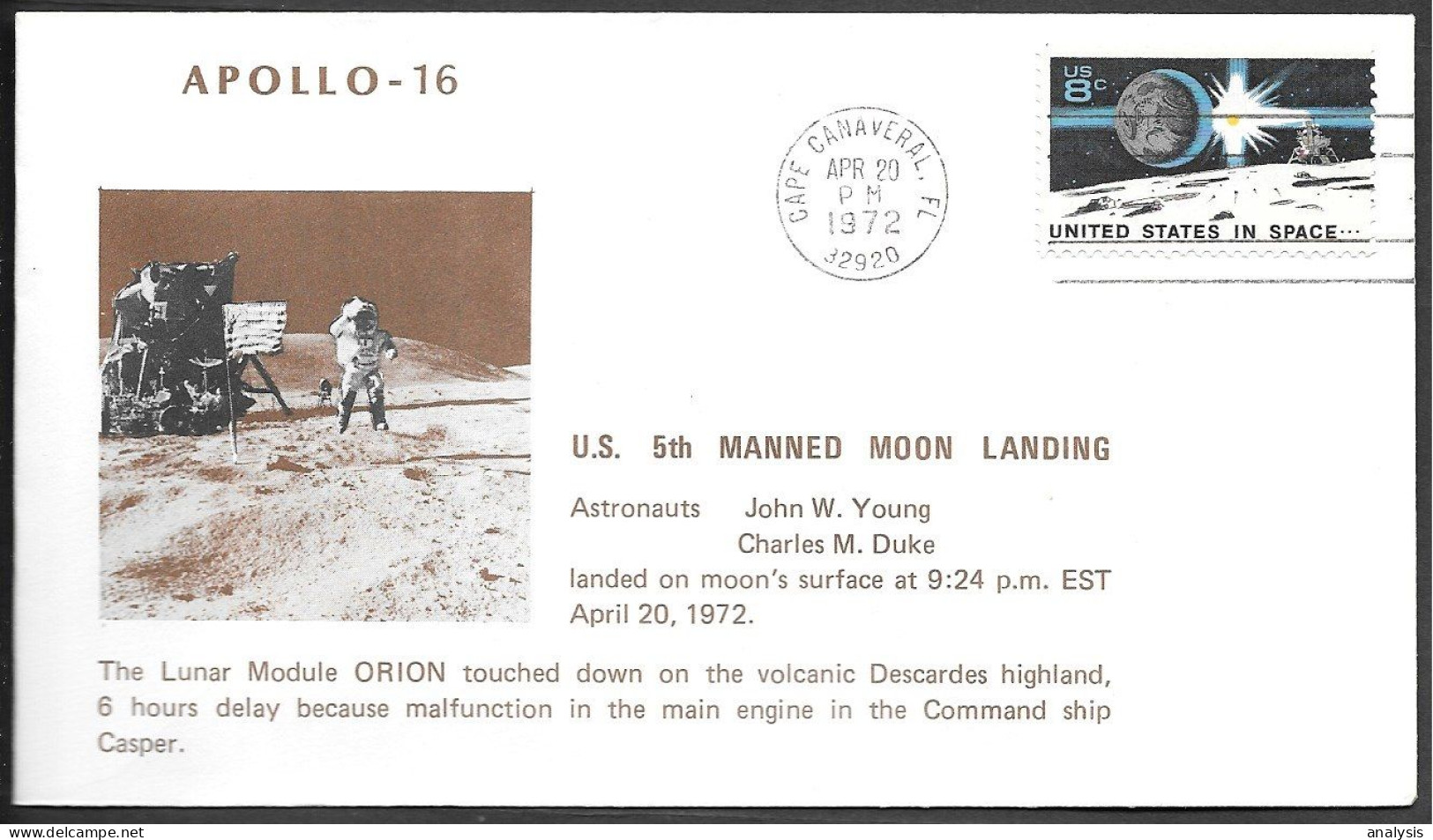 US Space Cover 1972. "Apollo 16" Moon Landing ##04 - Stati Uniti