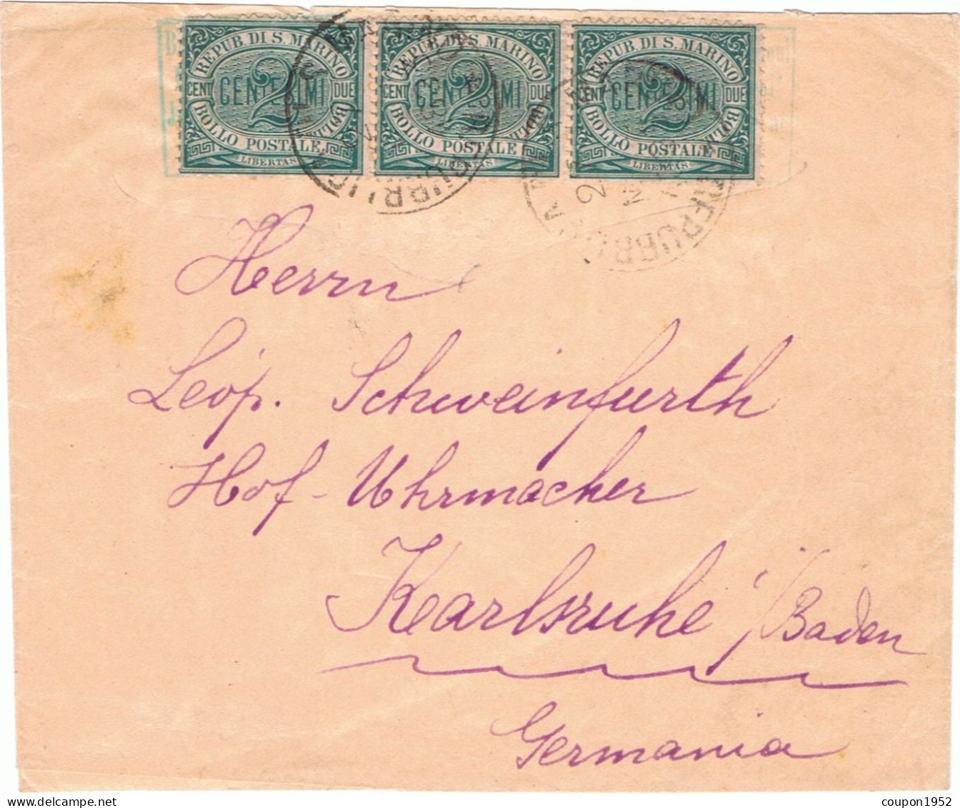 S. Marino 1893 San Marino (27 Nov.) (sm04) Fascetta Diretta In Germania Affrancata Con Striscia Di Tre Del 2c. (Sass.1, - Covers & Documents