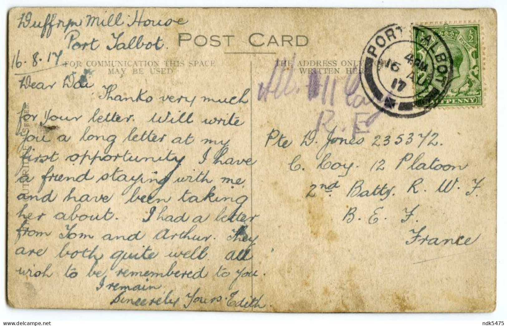 PORT TALBOT - DUFFRYN VALLEY / DUFFRYN MILL HOUSE / ROYAL WELSH FUSILIERS, 1917, (JONES) - Glamorgan