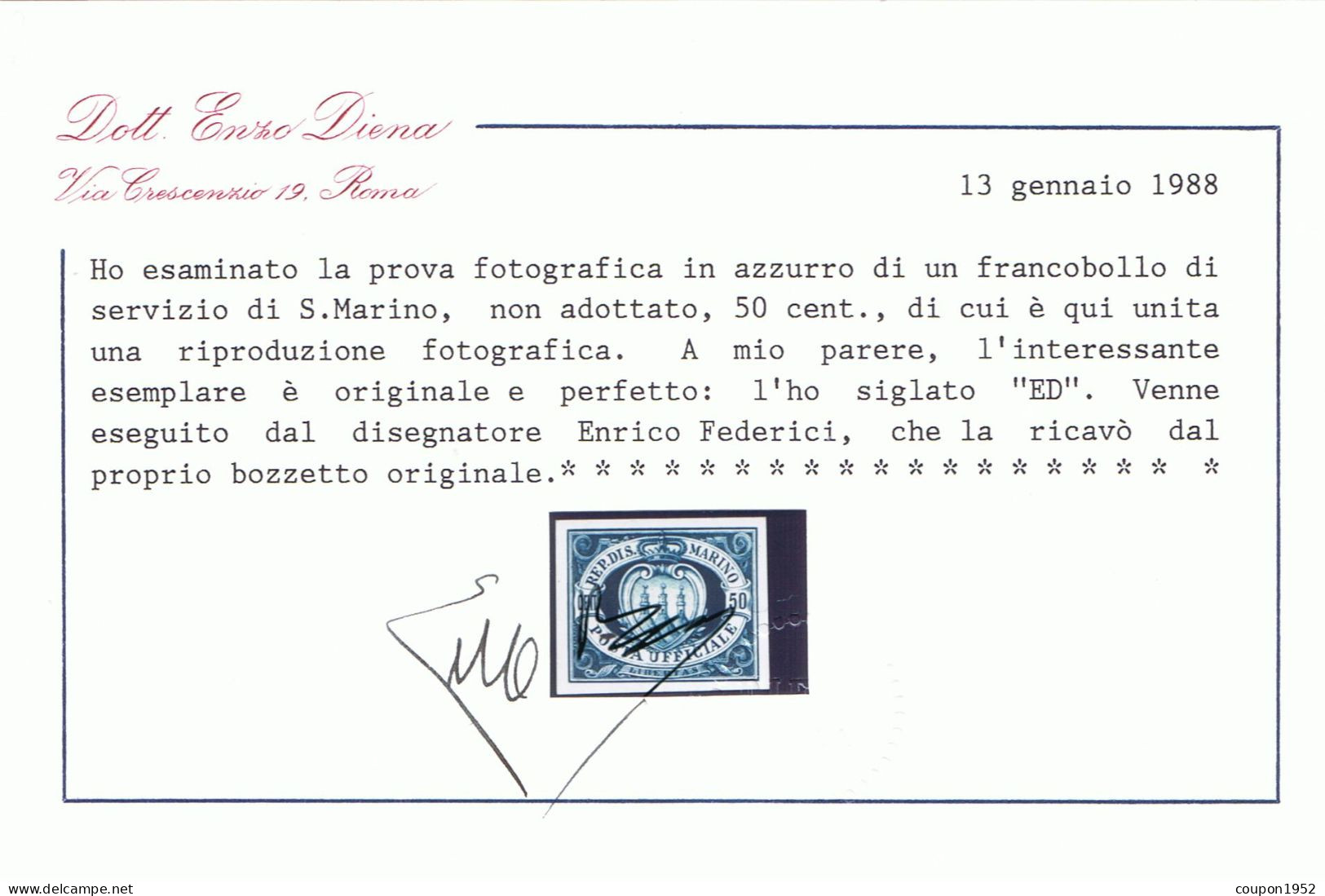 S. Marino San Marino (sm10). Prova In Azzurro Di Un Francobollo Di Servizio Non Emesso Di 50 Cent. Molto Raro. (Certific - Ungebraucht