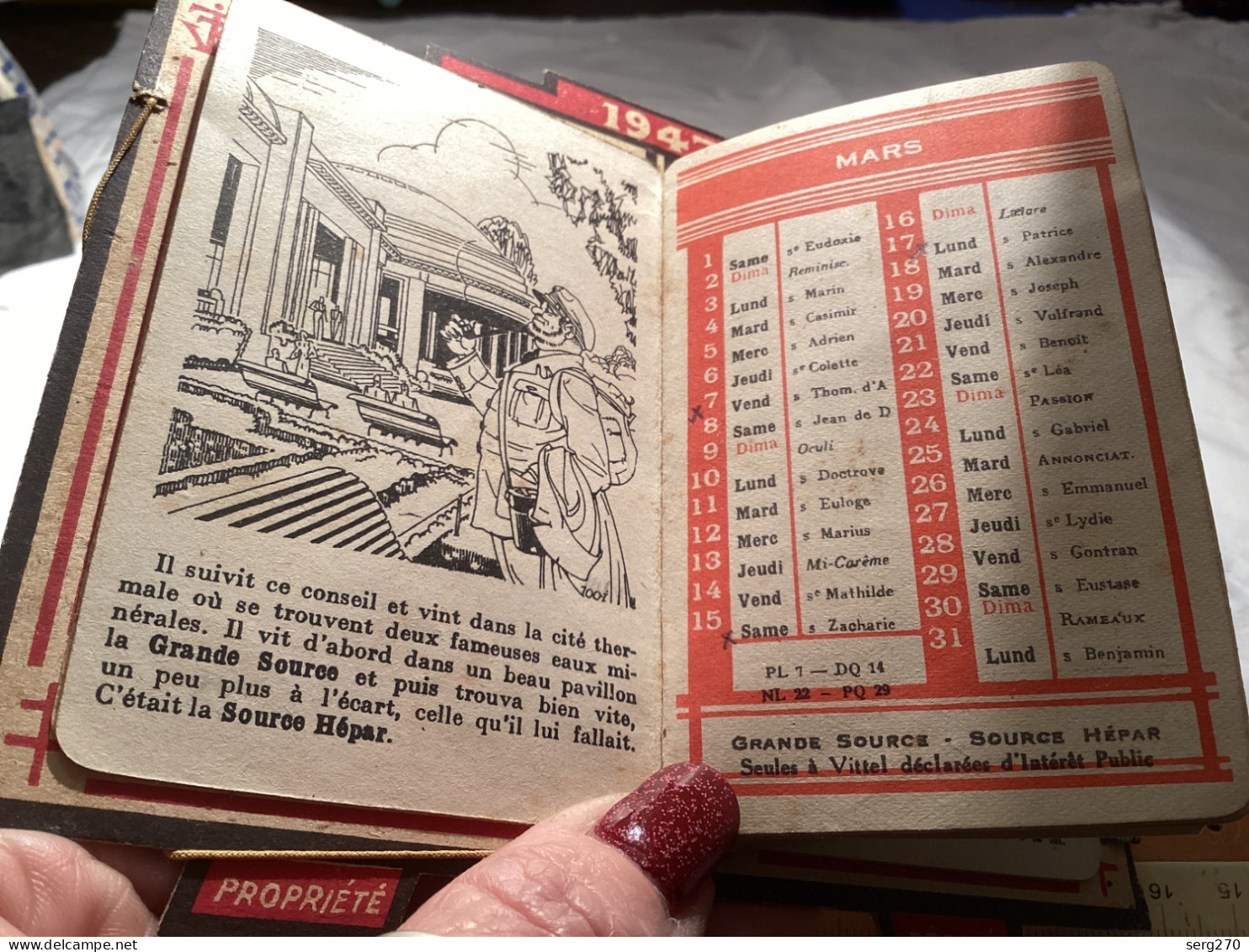 Publicité Vittel sur carton avec ferraille au milieu 1947, calendrier, publicité, Vittel Vittel calendrier