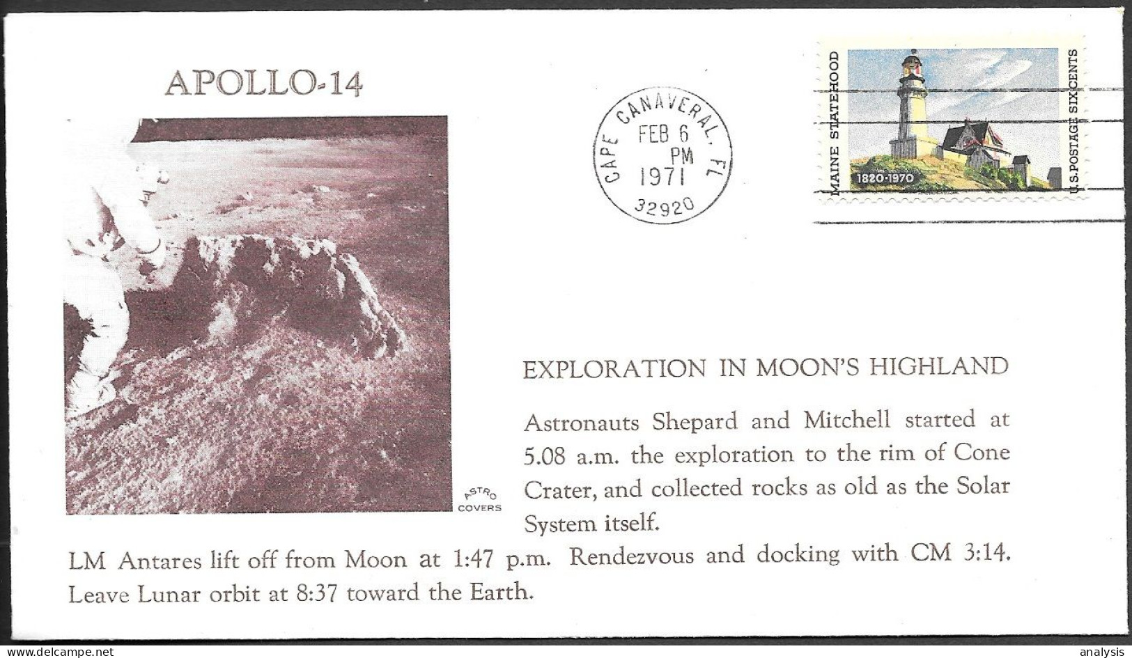 US Space Cover 1971. "Apollo 14" Moon Highland - Stati Uniti