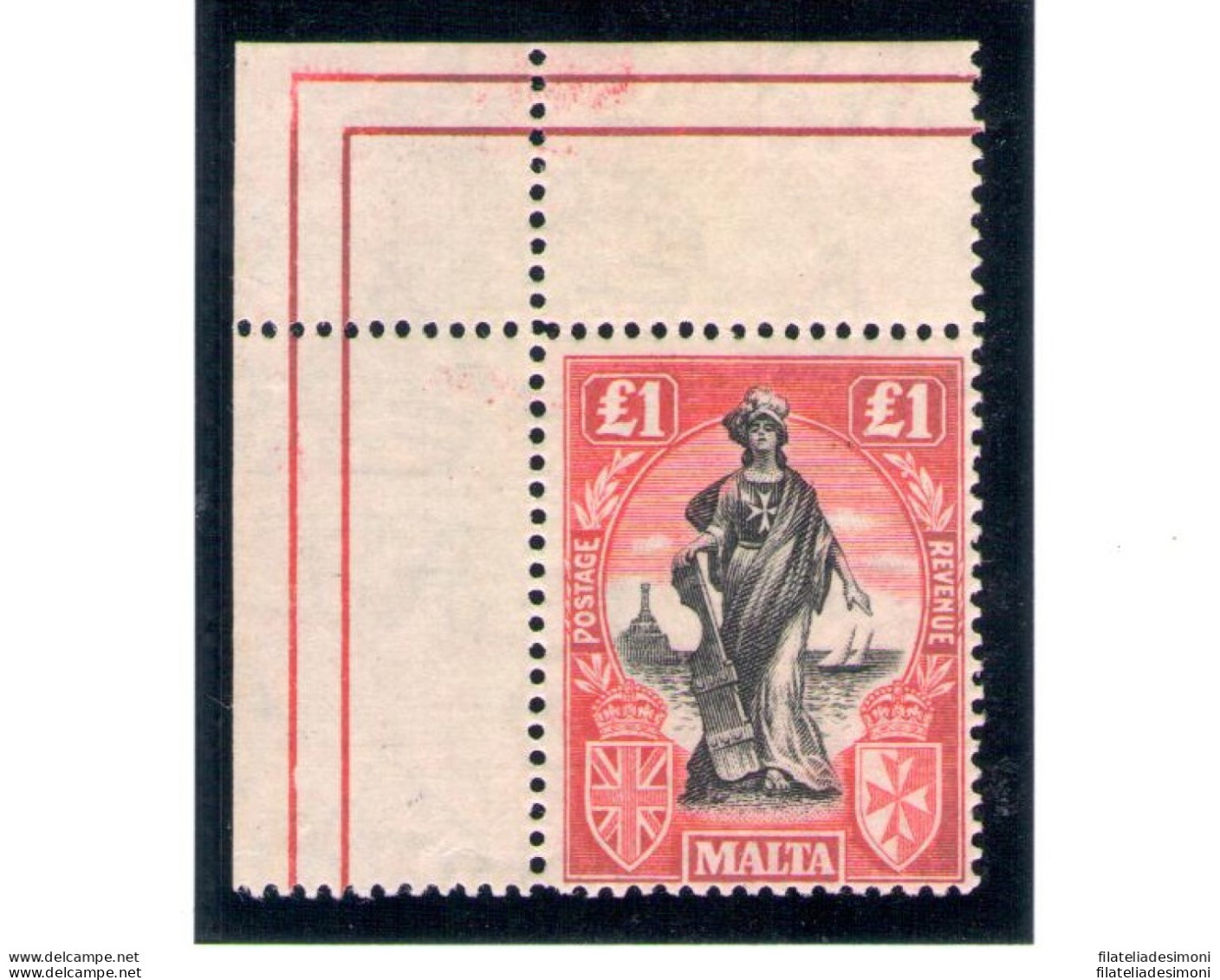 1921-22 MALTA - 1 Sterlina Carminio , 1 £ , Angolo Di Foglio - Corner Sheet , N - Otros & Sin Clasificación