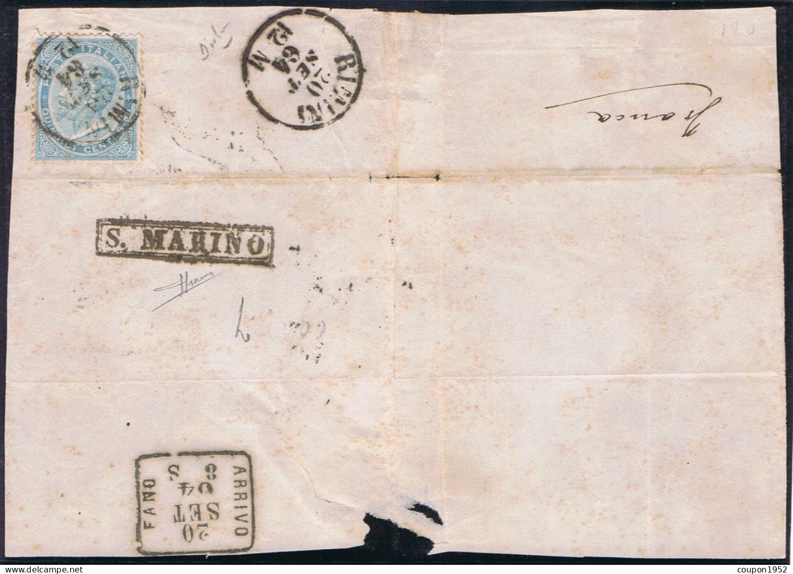 San Marino - S. Marino 1864. Precursori B9 (sm21). Ampio Frammento Di Lettera Con 15c (L18) Annullato Con Il Bollo Di RI - Cartas & Documentos