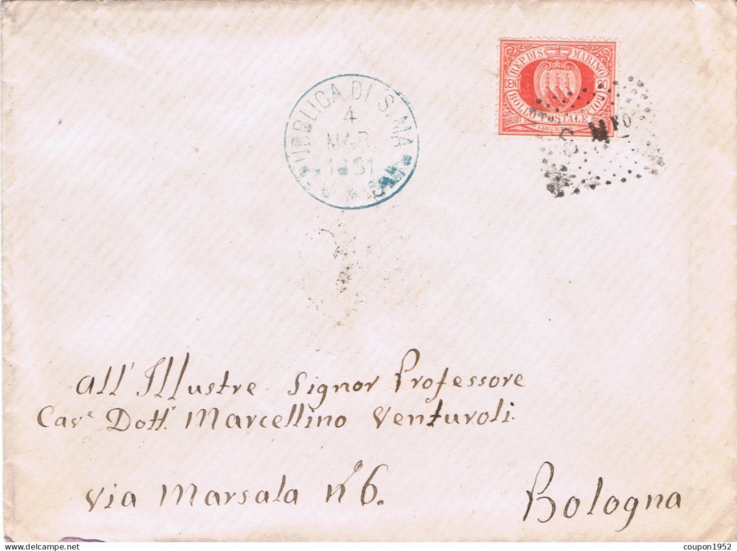S. Marino - San Marino (sm23). 2 Lettere Per Bologna Con Il 20c: 4.3.1881 Con Cerchio Azzurro; 22.8.1882 Con Cerchio Ner - Storia Postale