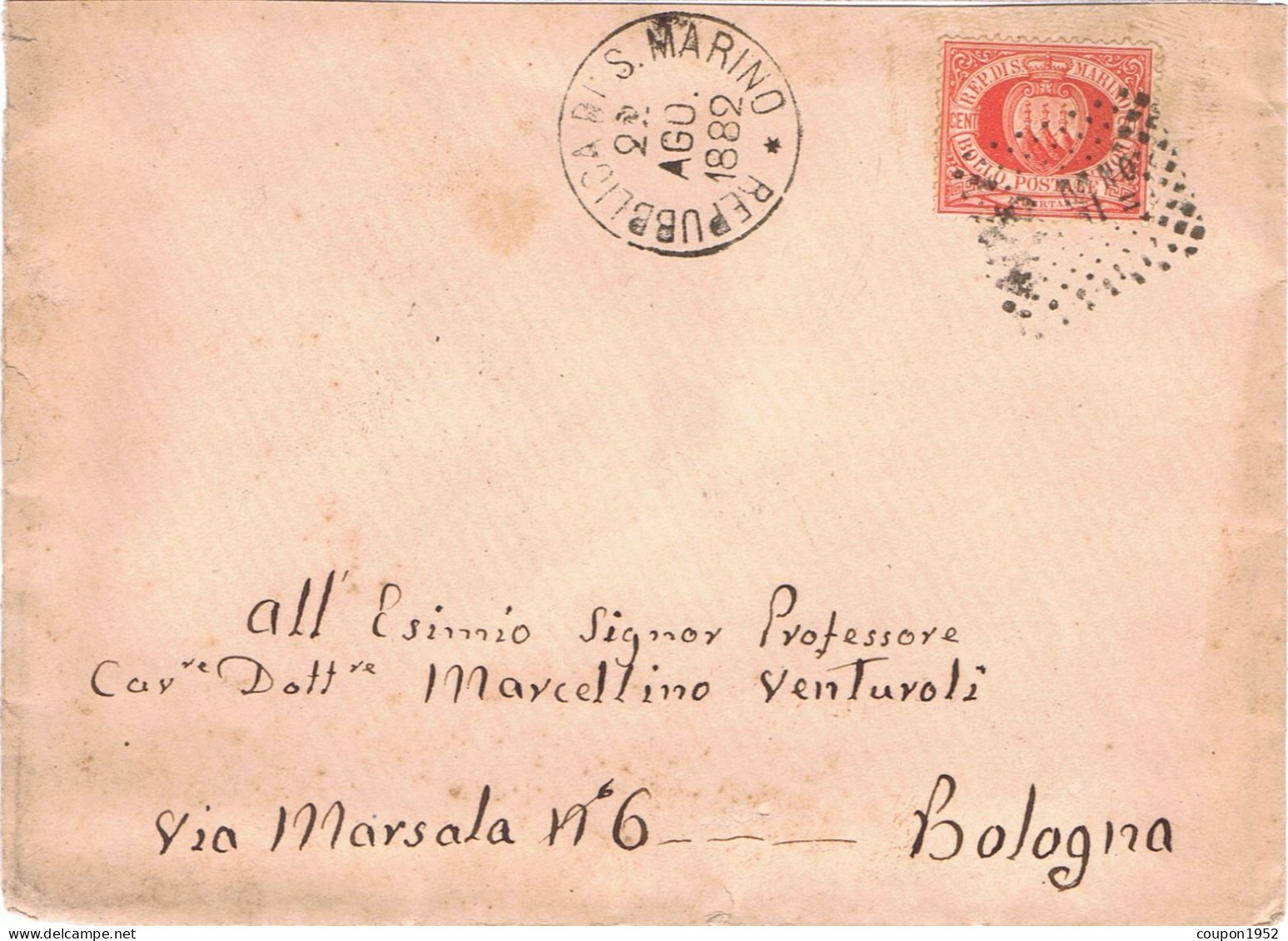 S. Marino - San Marino (sm23). 2 Lettere Per Bologna Con Il 20c: 4.3.1881 Con Cerchio Azzurro; 22.8.1882 Con Cerchio Ner - Storia Postale