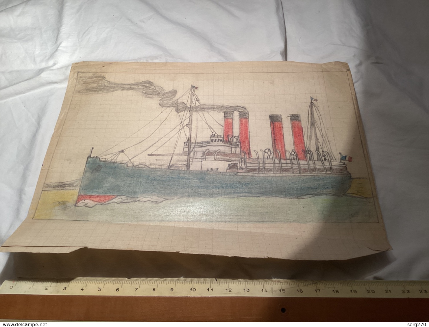 Dessin Original Ancien Dessin Dessins D’un Bateau Avec Quatre Cheminées Rouges Et Noir Drapeau Français - Tekeningen