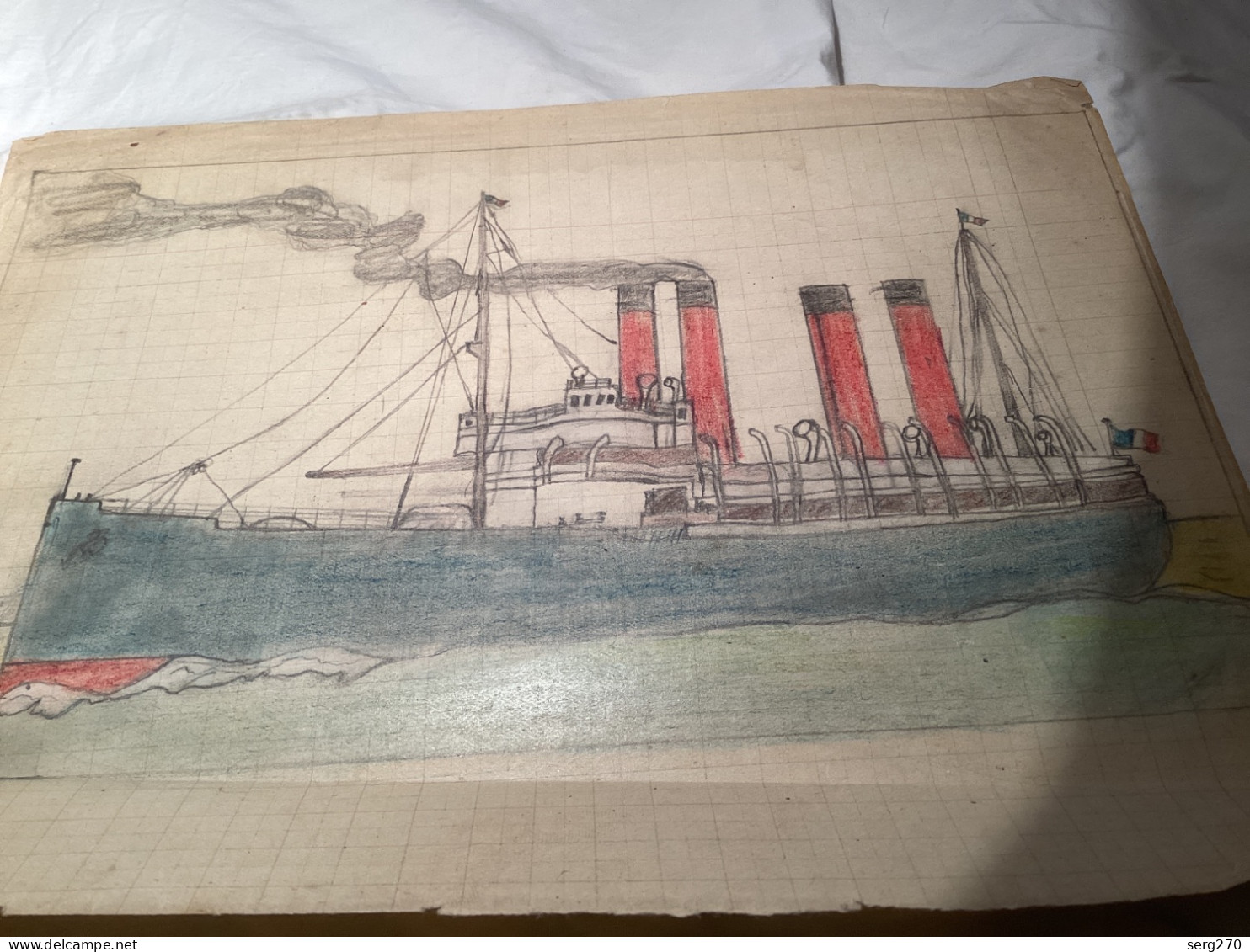 Dessin Original Ancien Dessin Dessins D’un Bateau Avec Quatre Cheminées Rouges Et Noir Drapeau Français - Zeichnungen