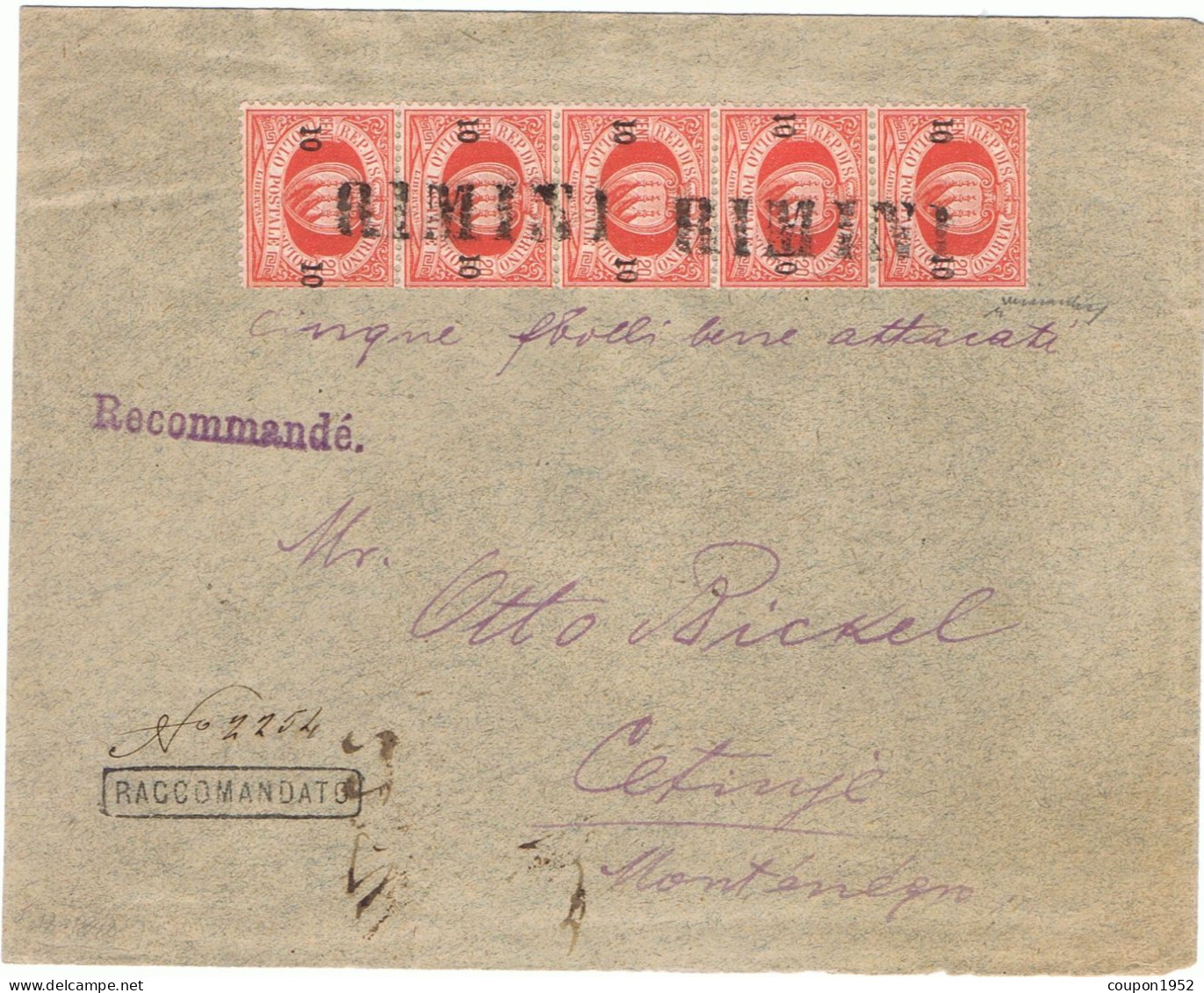 S. Marino San Marino 1892. (sm26) Stemma Soprastampato 10/20 (Sass. 10, Cat. 250,00 Esemplare Singolo), Striscia Vertica - Storia Postale