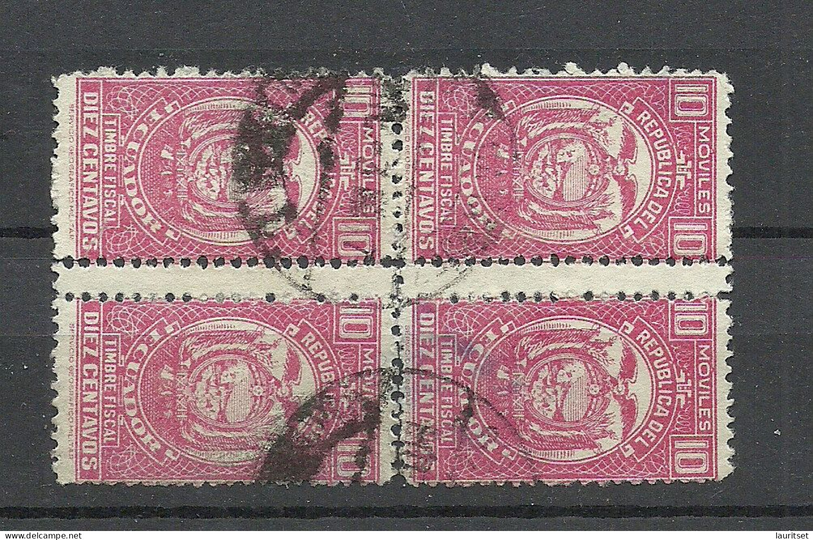 ECUADOR 1945 Timbre Fiscal Moviles As 4-block With Gutter O NB! Some Separation Between Stamps - Ecuador