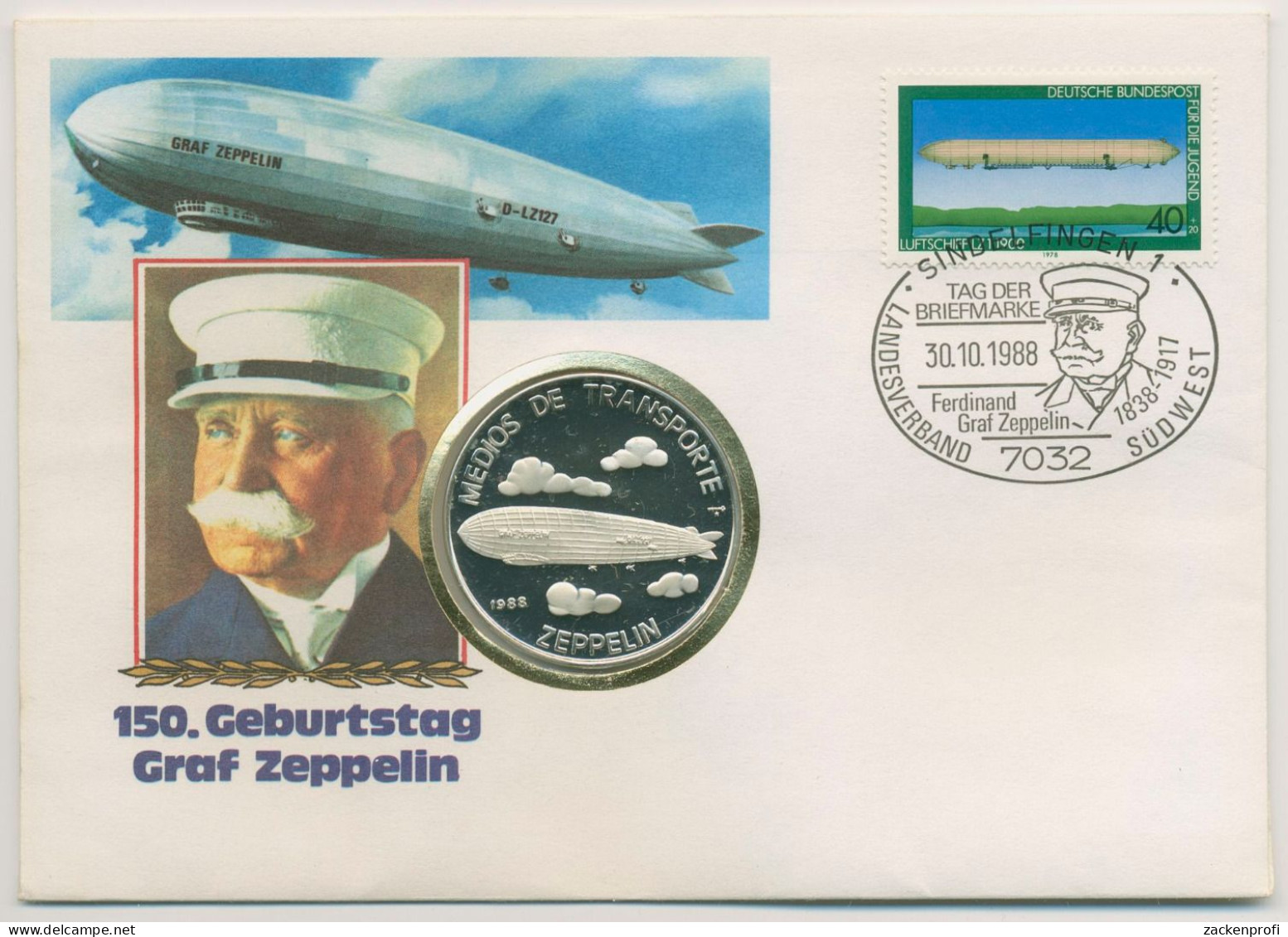 Kuba 1988 Luftschiff Graf Zeppelin Numisbrief 5 Pesos Silber, KM 220.1 (N563) - Cuba