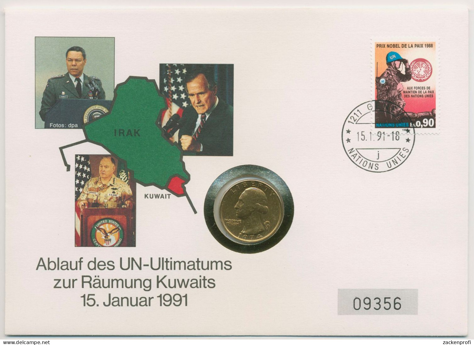 UNO Genf 1991 Präsidenten Golfkrise Numisbrief Mit 1/4 Dollar USA (N575) - 1971-1978: Eisenhower