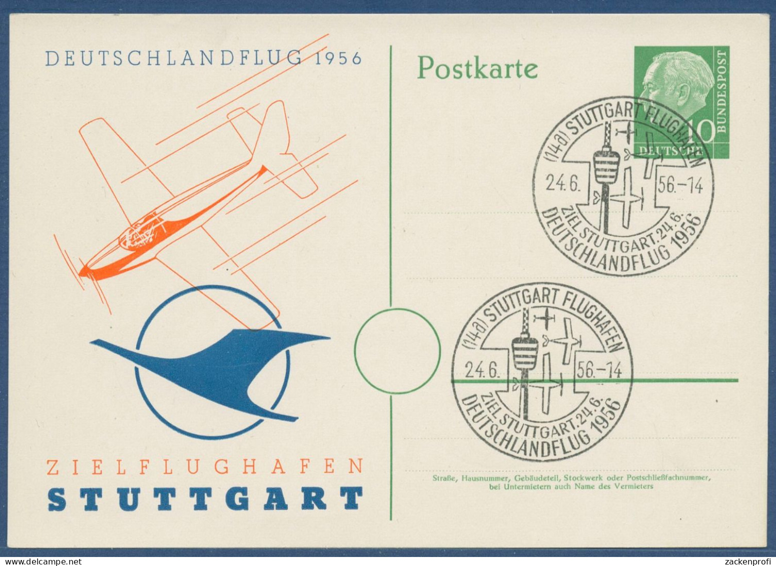 Bund 1956 Heuss Deutschlandflug, Privatpostkarte PP 8/7 Gestempelt (X41040) - Cartes Postales Privées - Oblitérées