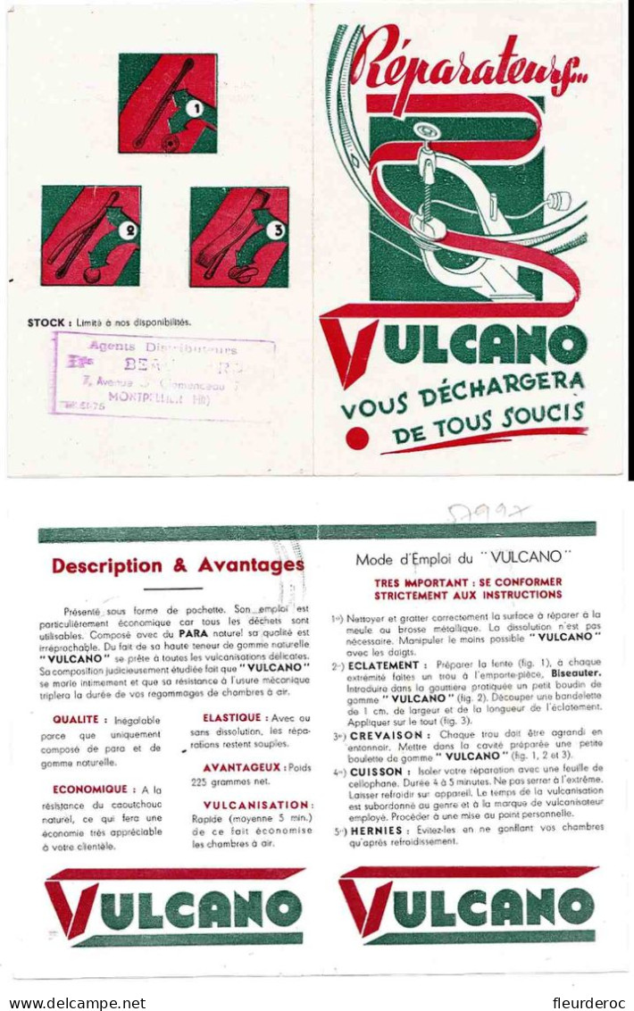 - PAP57997PAP - PUBLICITE - Document Publicitaire Gomme VULCANO Pour Chambre à Air - 4 Pages Sur Un Feuillet - Très Bon - Sport En Toerisme