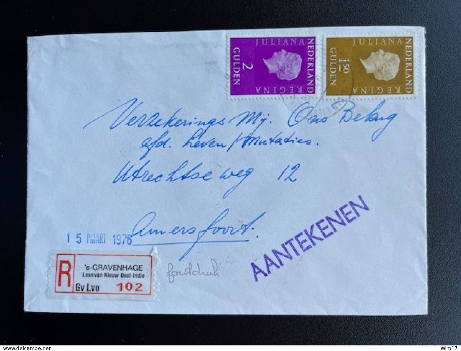 NETHERLANDS 1976 REGISTERED LETTER S GRAVENHAGE LAAN VAN NIEUW OOST-INDIE TO AMERSFOORT 12-03-1976 NEDERLAND AANGETEKEND - Covers & Documents