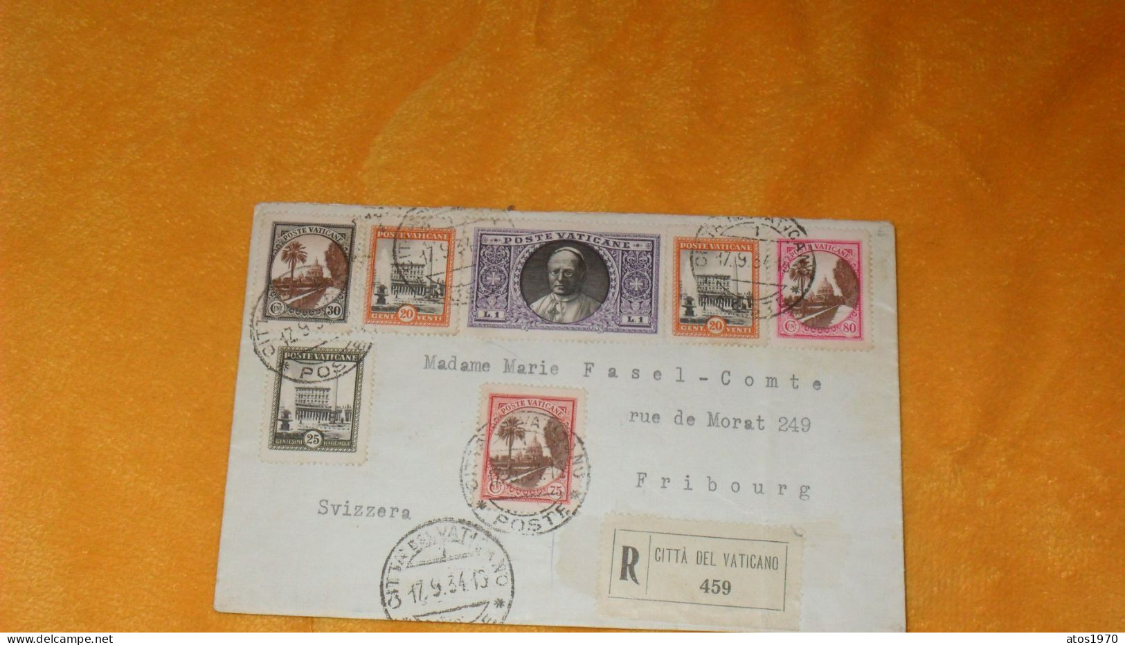 ENVELOPPE ANCIENNE DE 1934../ RECOMMANDE R 459 CITTA DEL VATICANO CACHETS POUR FRIBOURG SUISSE + TIMBRES X7 - Lettres & Documents