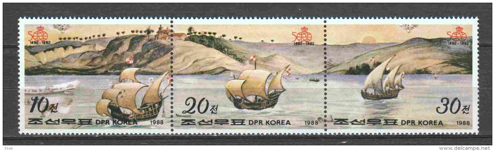 Korea North 1988 Mi 2902-2904 MNH COLOMBUS SHIPS - Christopher Columbus