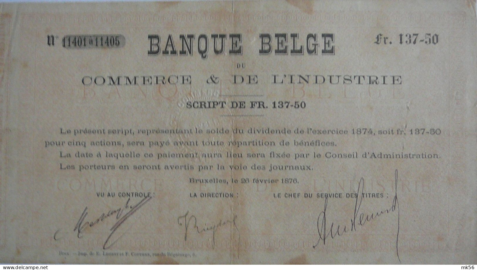 Banque Belge Du Commerce & De L'industrie -script De 137.50 Fr (1876) - Bank & Versicherung