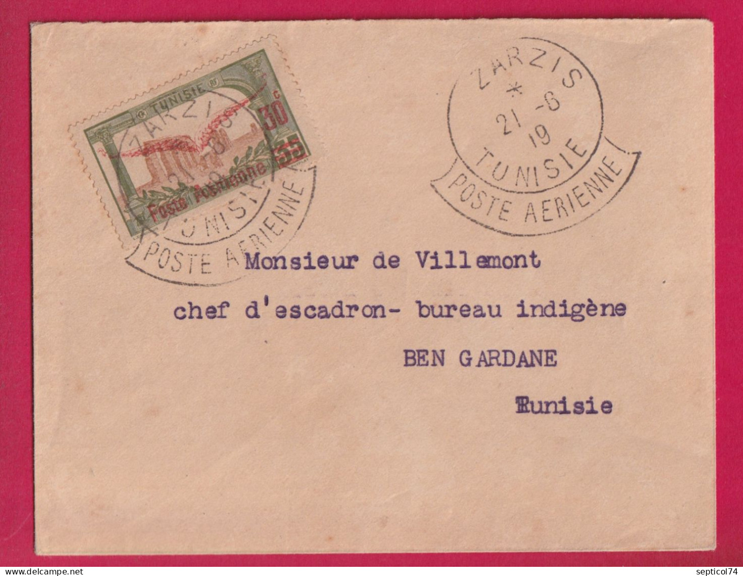 TUNISIE ZARZIS POSTE AERIENNE 1919 AU DOS BERGANE POSTE AERIENNE LETTRE - Brieven En Documenten