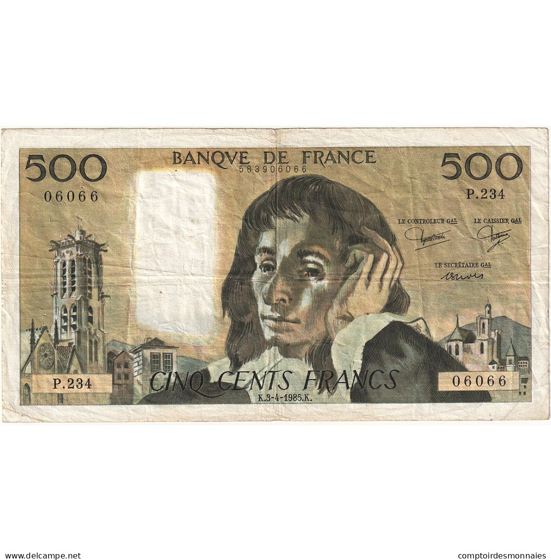 France, 500 Francs, Pascal, 1985, P.234, TTB, Fayette:71.33, KM:156e - 500 F 1968-1993 ''Pascal''