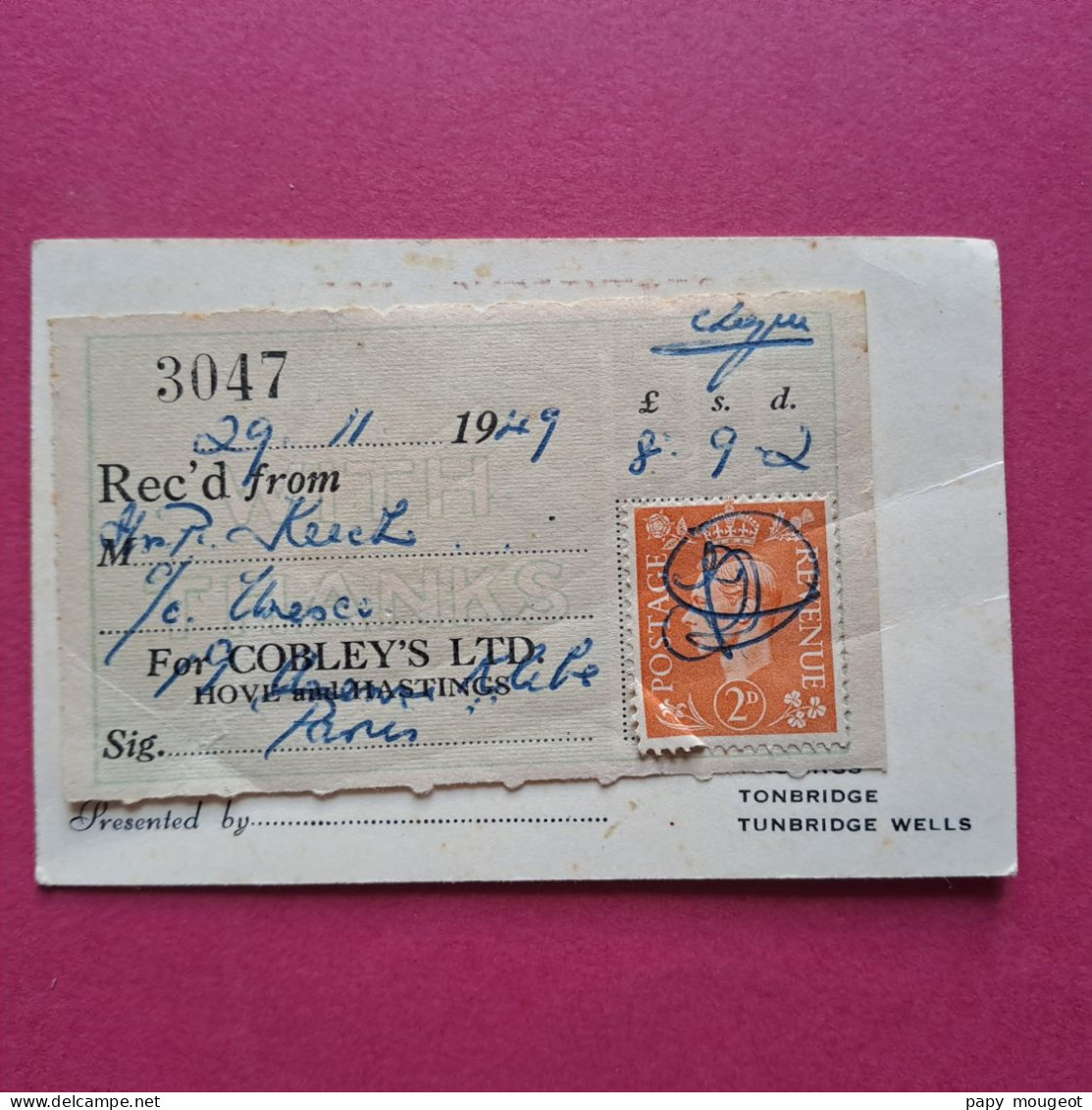 Reçu 29-11-1949 Avec Timbre 2d Orange - Revenue Stamps