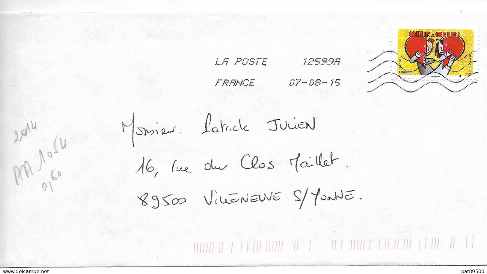 France 2014 - AA 1053 - Oblitéré S/enveloppe  08/2015 / Bonne Année Toute L'année : COEUR à COEUR - Lettres & Documents