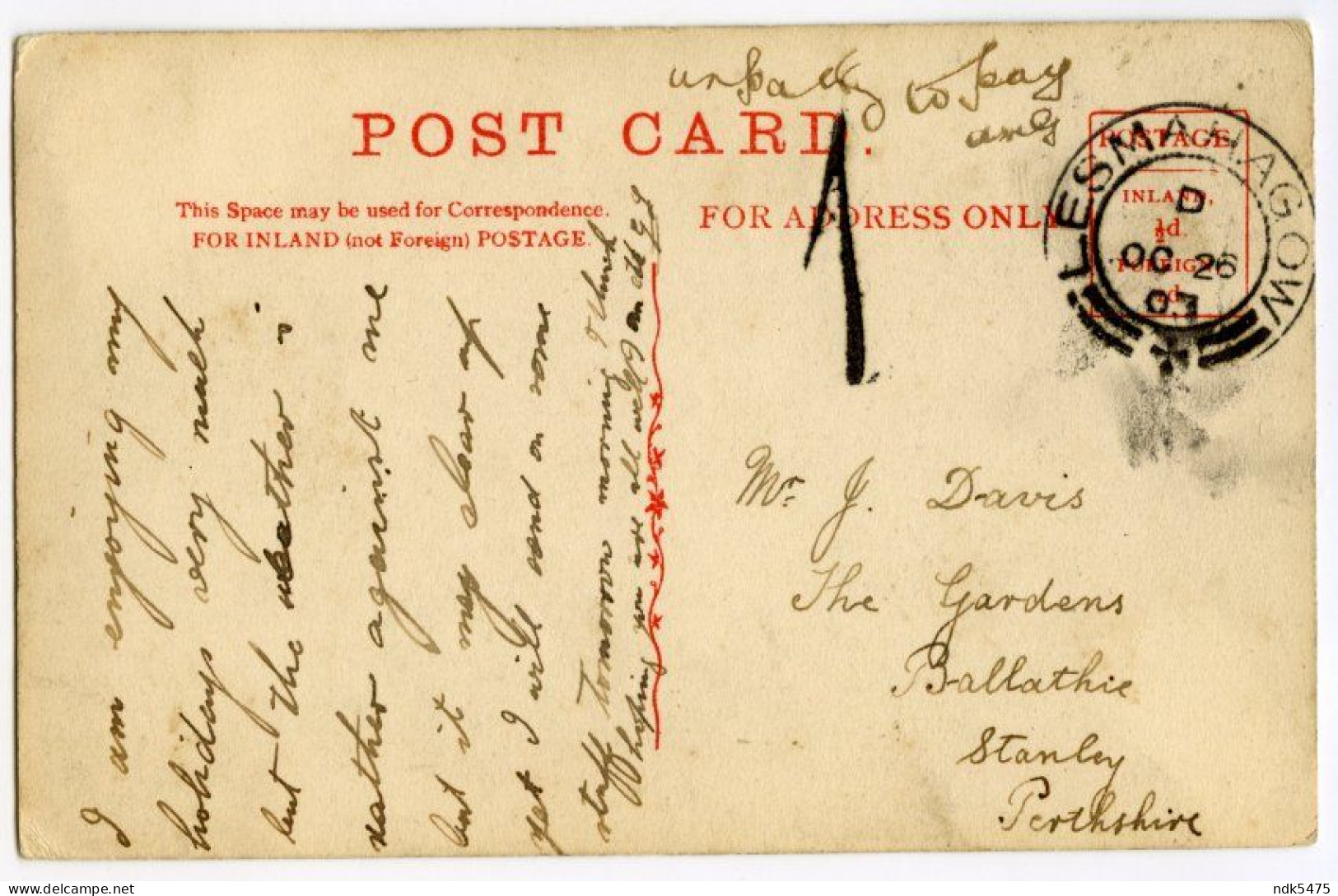 LANARK - THE LEE CASTLE / LESMAHAGOW POSTMARK, 1d TO PAY / STANLEY, BALLATHIE, THE GARDENS (DAVIS) - Lanarkshire / Glasgow