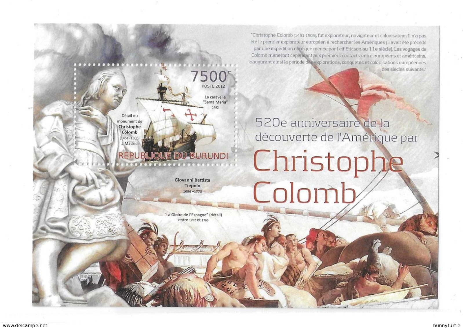 Burundi 2012 Discovery Of America 520 Anniv Columbus S/S MNH - Unused Stamps