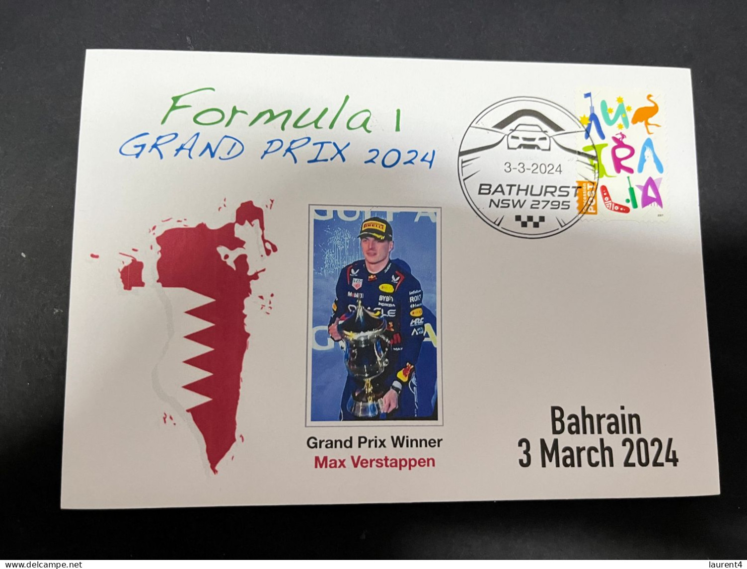 4-3-2024 (2 Y 7) Formula One - 2024 Bahrain Grand Prix - Winner Max Verstappen (3 March 2024) Formula 1 Stamp - Auto's