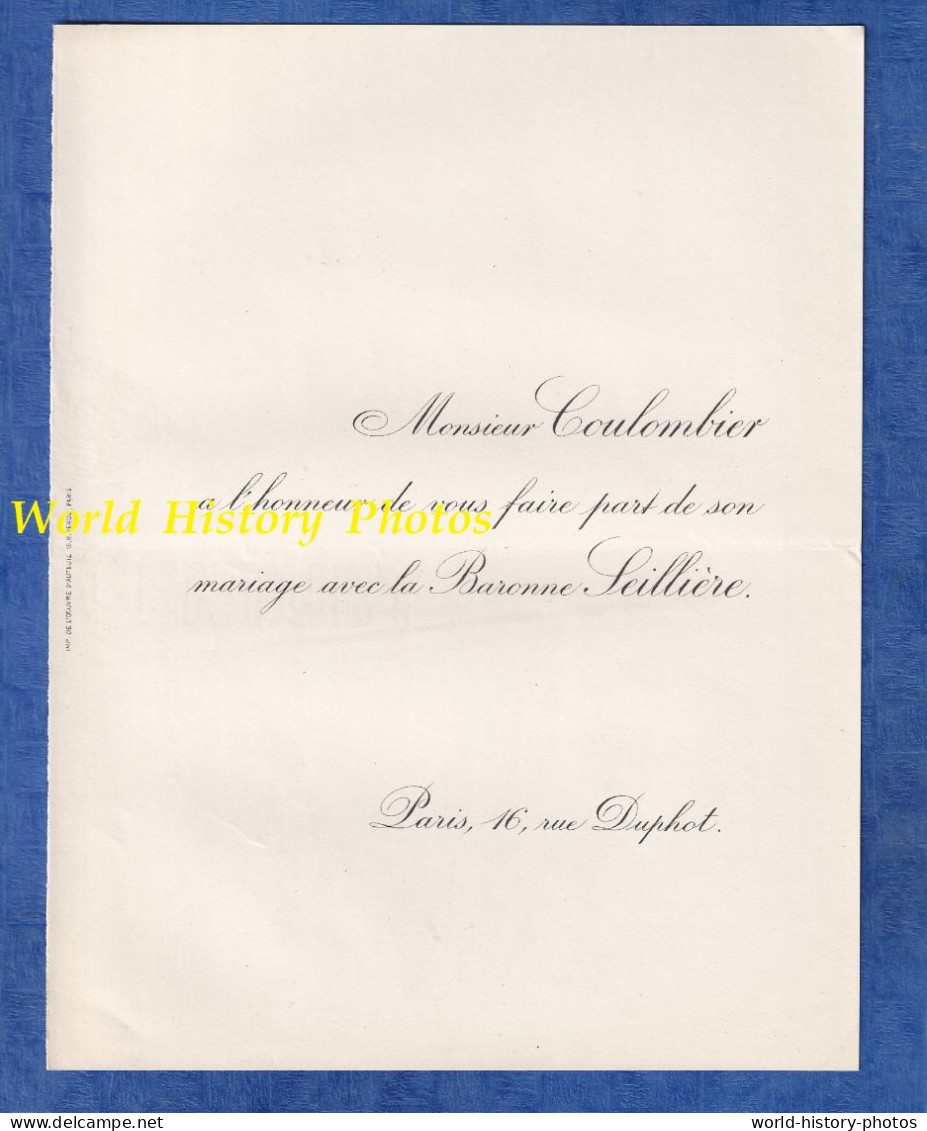 Faire Part De Mariage - Vers 1900 - PARIS 1er - Monsieur COULOMBIER Avec La Baronne SEILLIERE - 16 Rue Duphot - Mariage