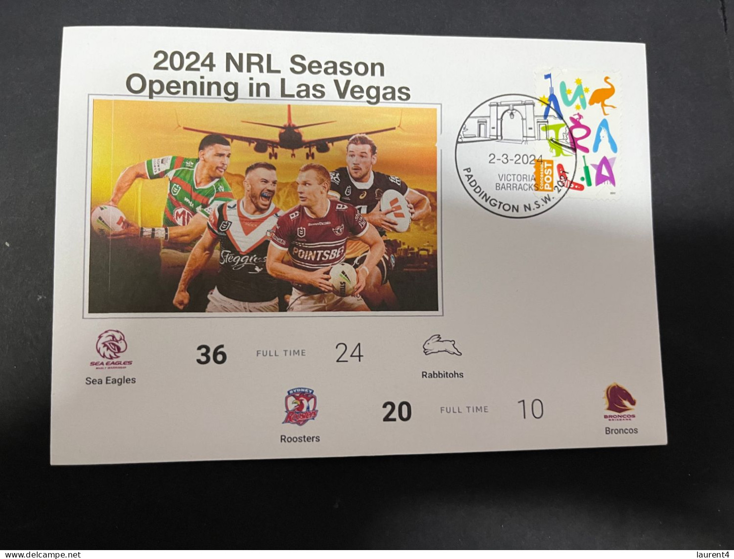 4-3-2024 (2 Y 7) Australia - NRL 2024 Season Begin In Las Vegas (Sea Eagles, Rabbitohs, Roosters & Broncos) - Cartas & Documentos