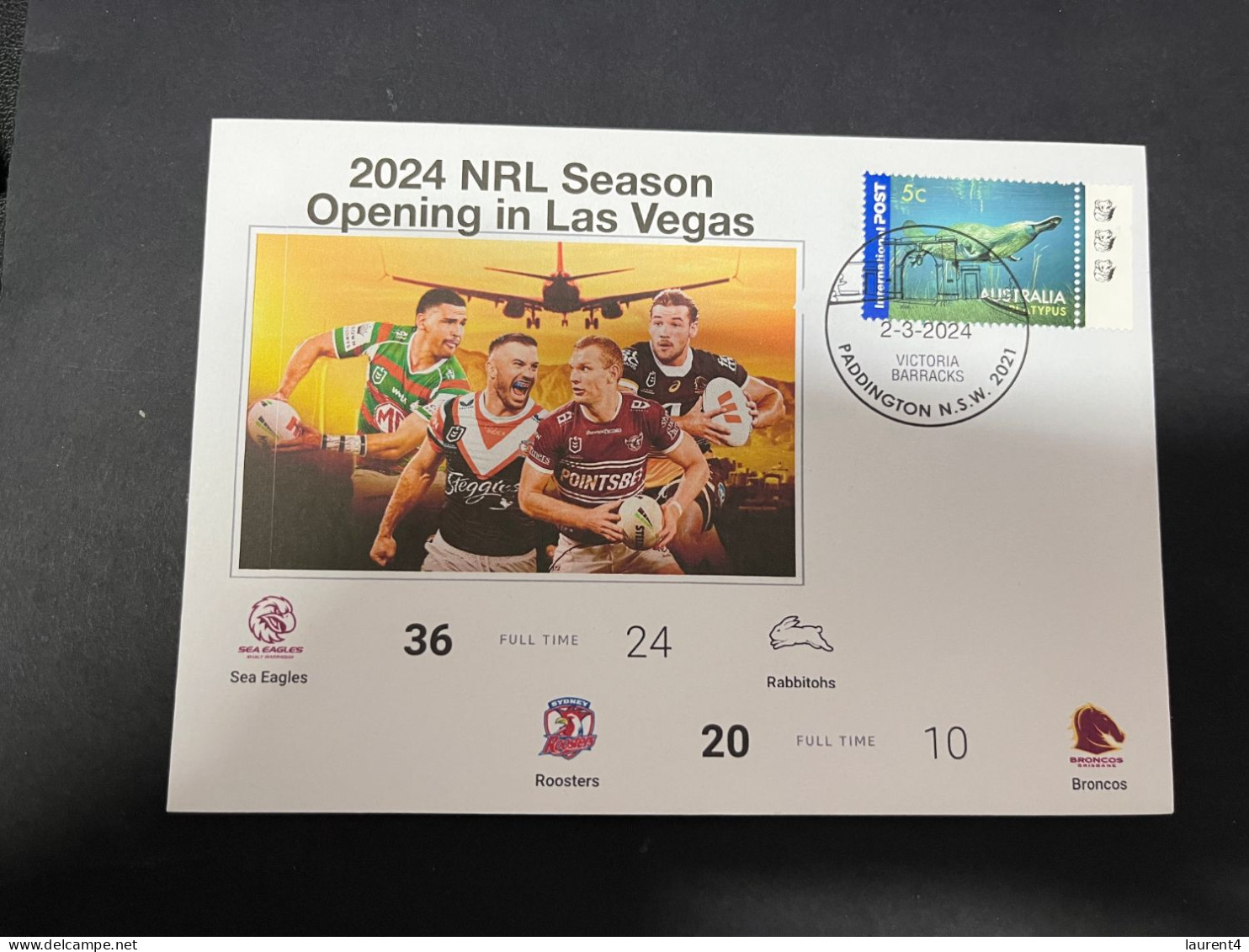 4-3-2024 (2 Y 7) Australia - NRL 2024 Season Begin In Las Vegas (Sea Eagles, Rabbitohs, Roosters & Broncos) - Brieven En Documenten