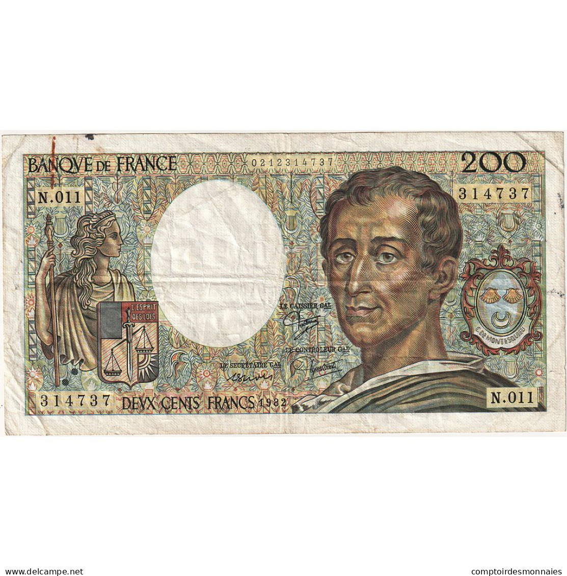 France, 200 Francs, Montesquieu, 1982, N.011, TTB, Fayette:70.02, KM:155a - 200 F 1981-1994 ''Montesquieu''