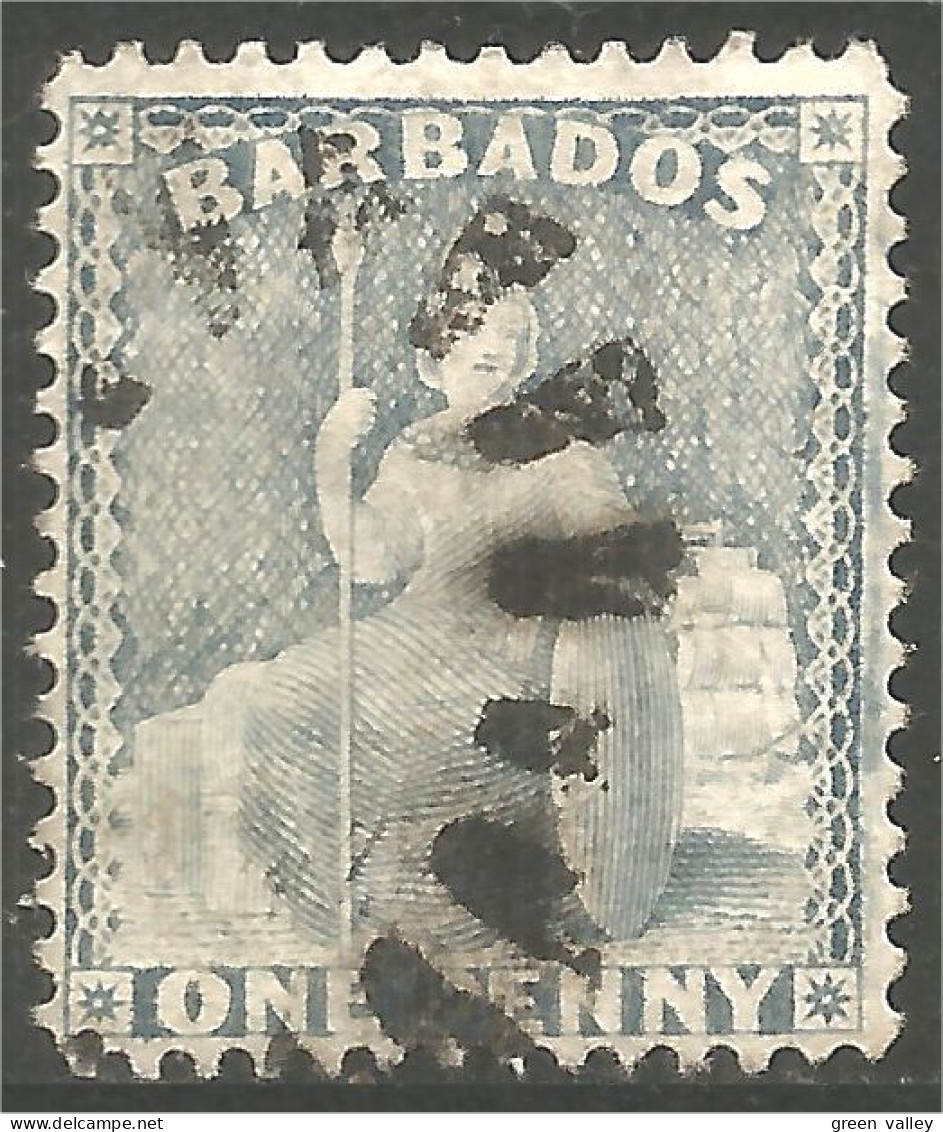 176 Barbados 1859 ONE PENNY Britannia Blue Bleu PERF 25 Watermark #2 Crown CA $175 (BBA-165) - Barbados (...-1966)