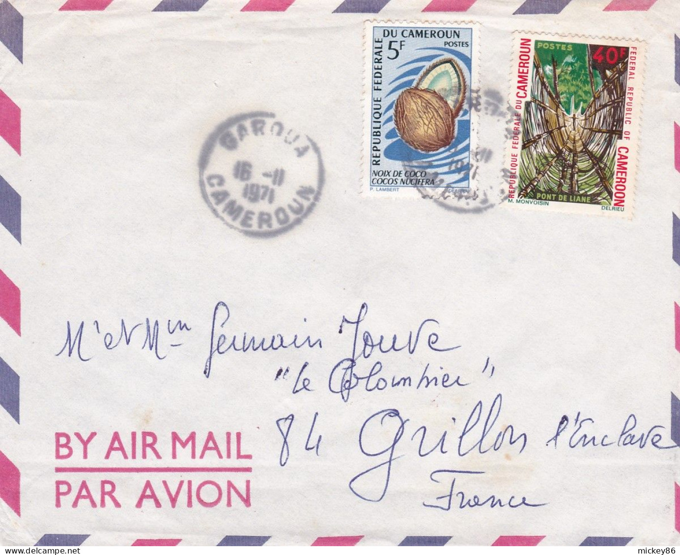 CAMEROUN--1971--Lettre De GAROUA  à GRILLON -84 (France).. Timbres (noix De Coco,pont De Liane)  ..cachet - Cameroun (1960-...)