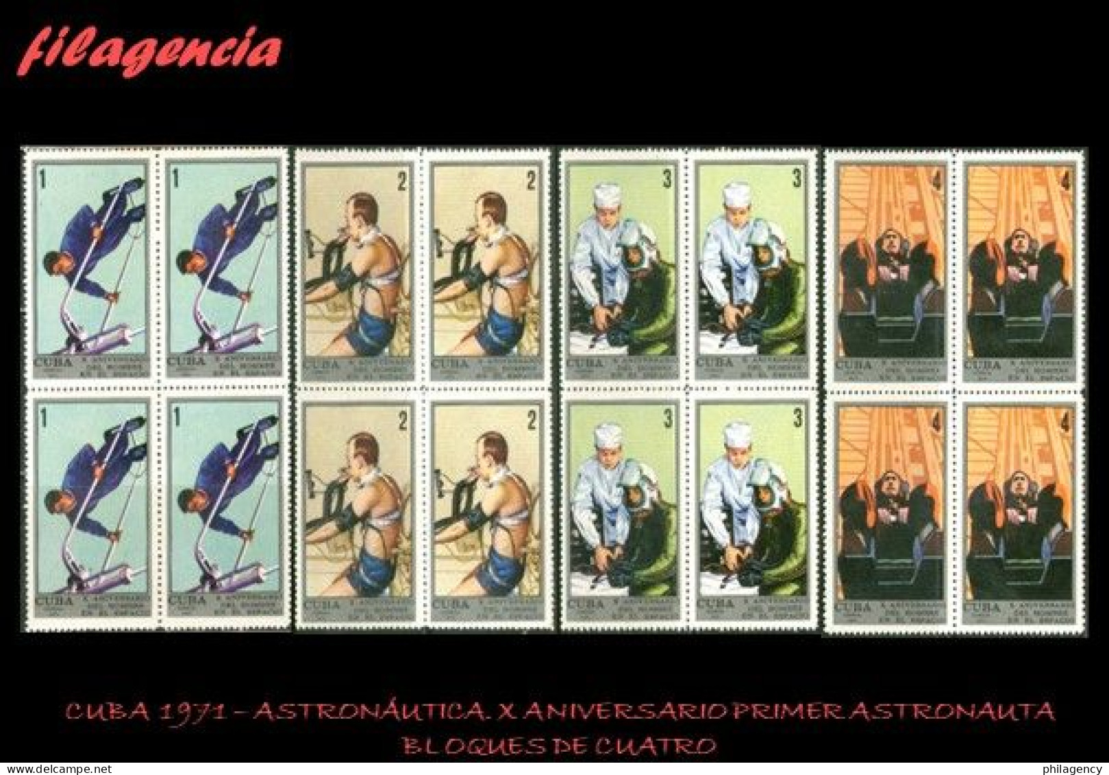 CUBA. BLOQUES DE CUATRO. 1971-07 X ANIVERSARIO DEL PRIMER HOMBRE EN EL ESPACIO - Ongebruikt