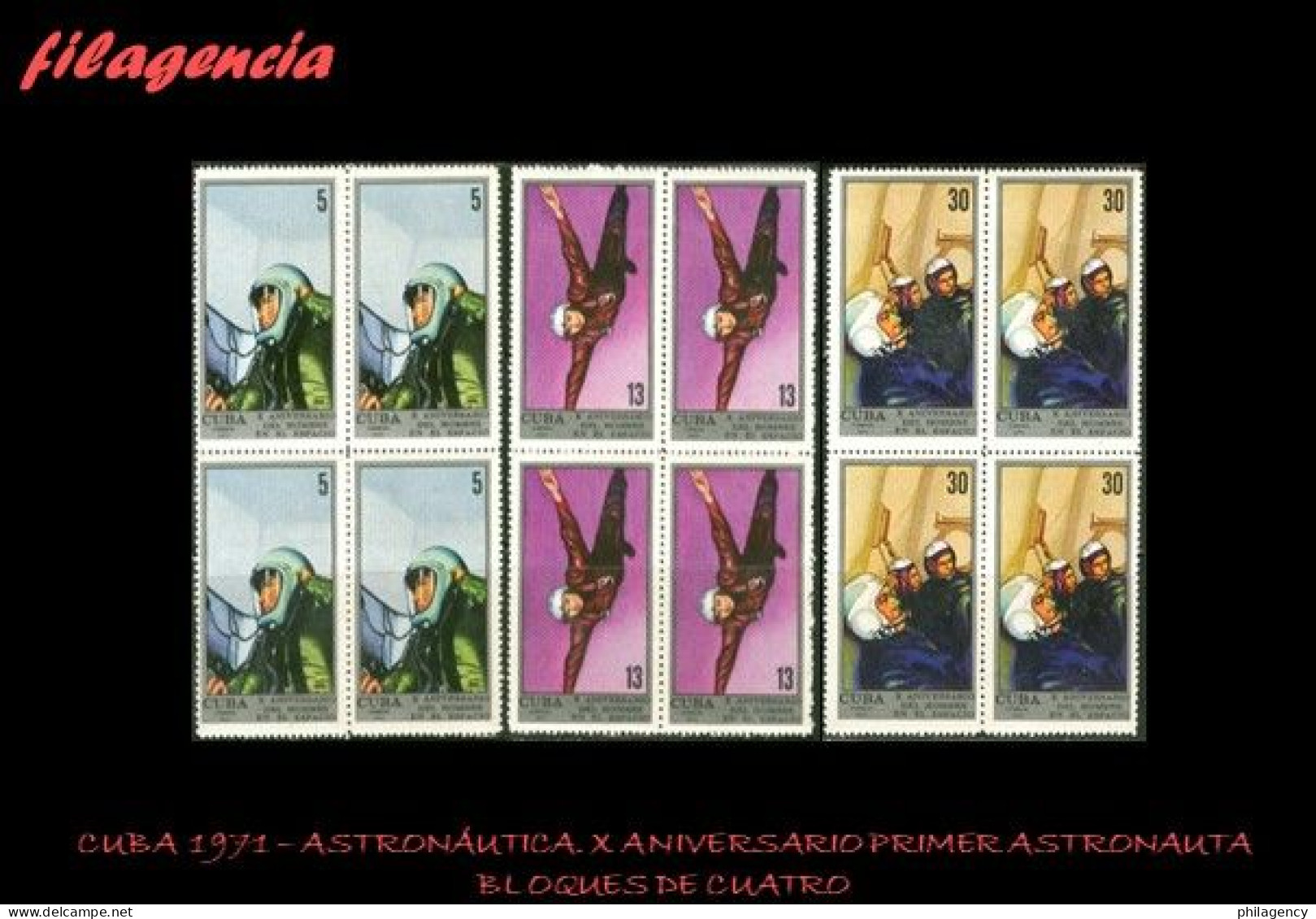 CUBA. BLOQUES DE CUATRO. 1971-07 X ANIVERSARIO DEL PRIMER HOMBRE EN EL ESPACIO - Ongebruikt