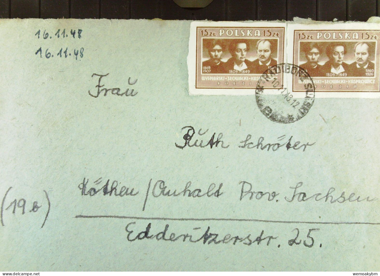 Polen: Brief Mit POLSKA 15 Zt Im Waager. Paar Geschnitten Vom 10.11.1948 Aus RADIBORZ Nach KÖTHEN Prov. Sachsen - Storia Postale