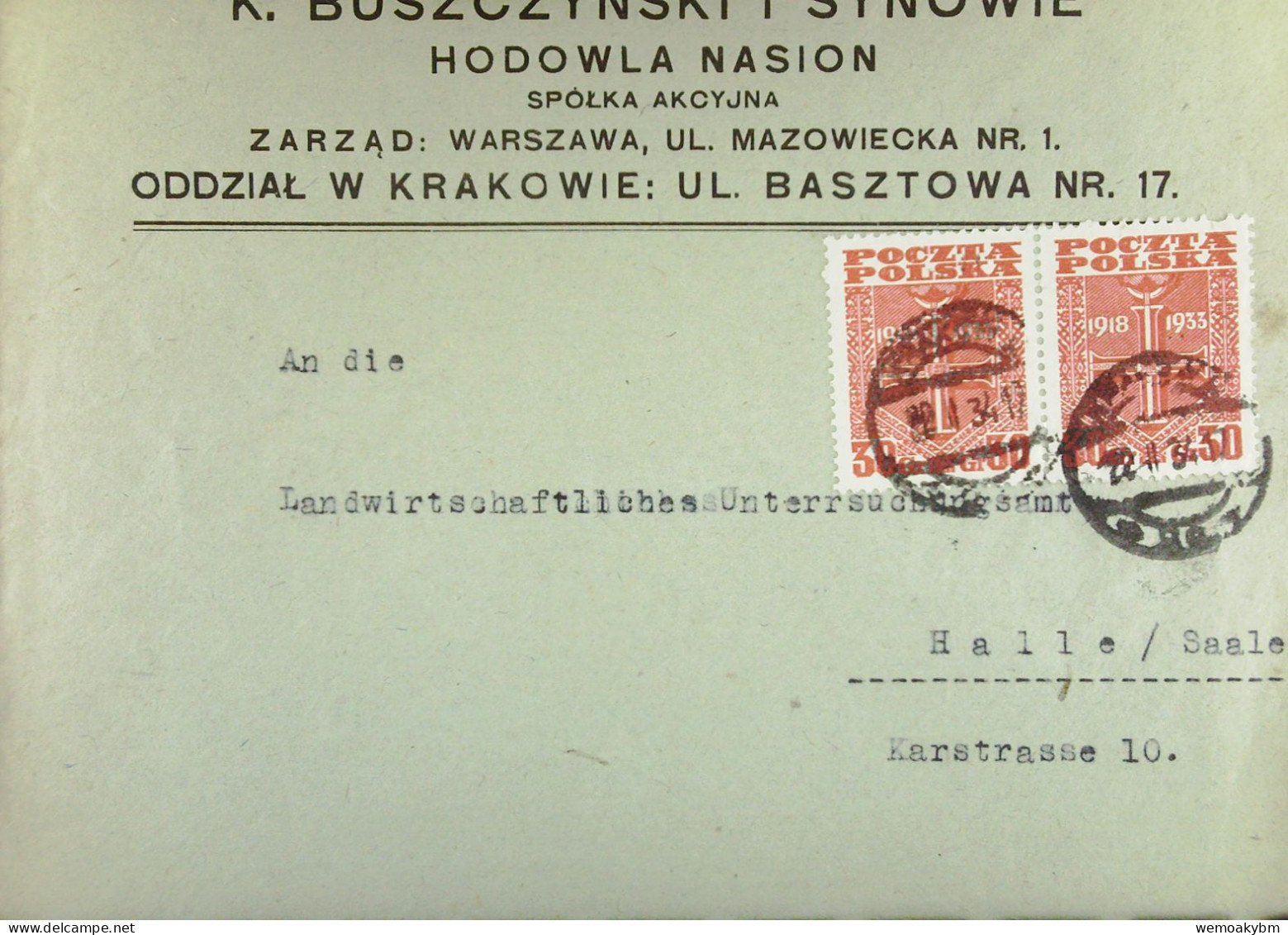 Polen: Brief Mit POLSKA 30 Gr Im Waager. Paar Vom 22.2.1934 Aus KRAKOWIE  Nach Halle /Saale  - Unsauber Geöffnet - Storia Postale