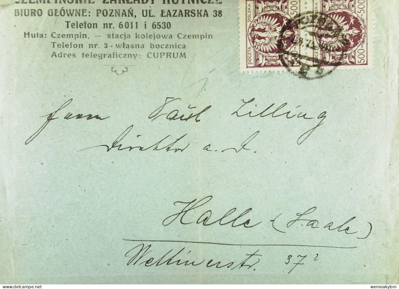 Polen: Brief Mit POLSKA 500 Mk Im Senkr. Paar Vom 7.8.1923 Aus POZNAN Nach Halle /Saale  - Unsauber Geöffnet -mit Falz  - Brieven En Documenten