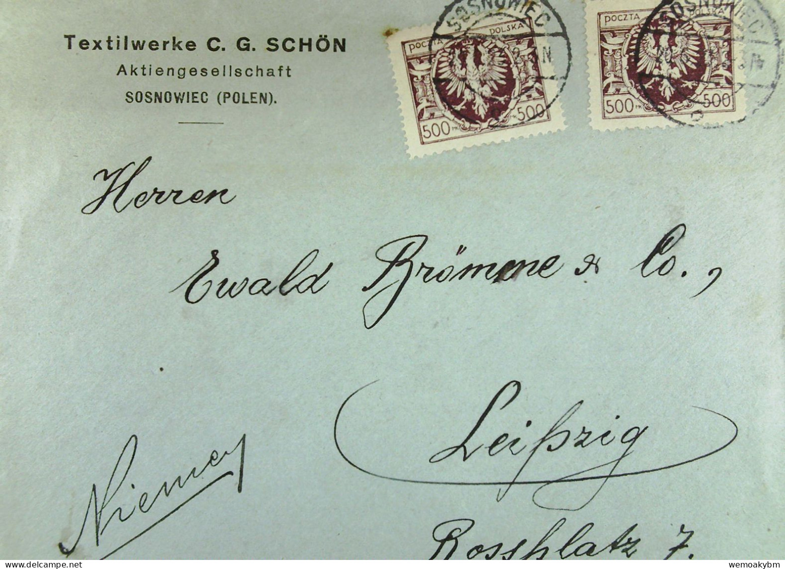 Polen: Brief Mit POLSKA 500 Mk MeF Vom 20.6.1923 Aus SOSNOWIEC Nach Leipzig  Abs. Textilwerke C. G. Schön - Cartas & Documentos