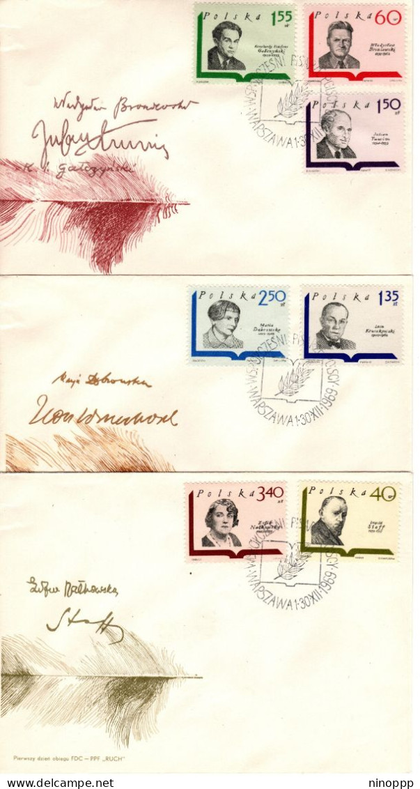 Poland 1969 Polish Writers ,set 3 First Day Covers - FDC