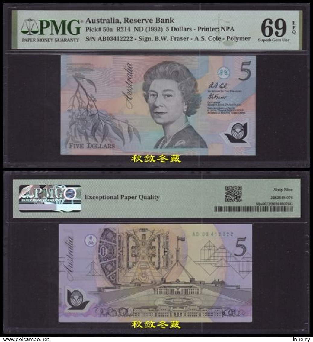 Australia 5 Dollars (1992), Polymer, Lucky Number 2222, PMG69 - 1992-2001 (polymeerbiljetten)