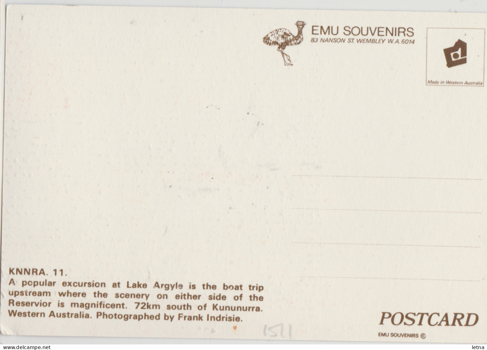 WESTERN AUSTRALIA WA Tourist Boat Lake Argyle KUNUNURRA Emu Souvenirs KNNRA11 Postcard C1970s - Other & Unclassified