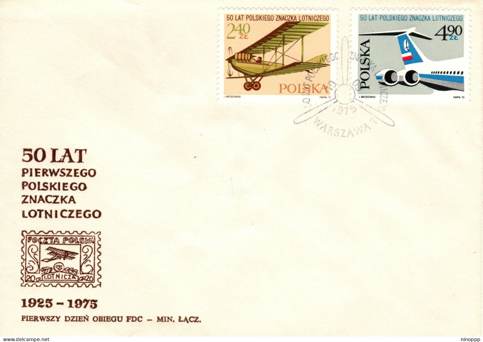 Poland 1975 50th Anniversary Of First Polish Air Post, First Day Cover - FDC