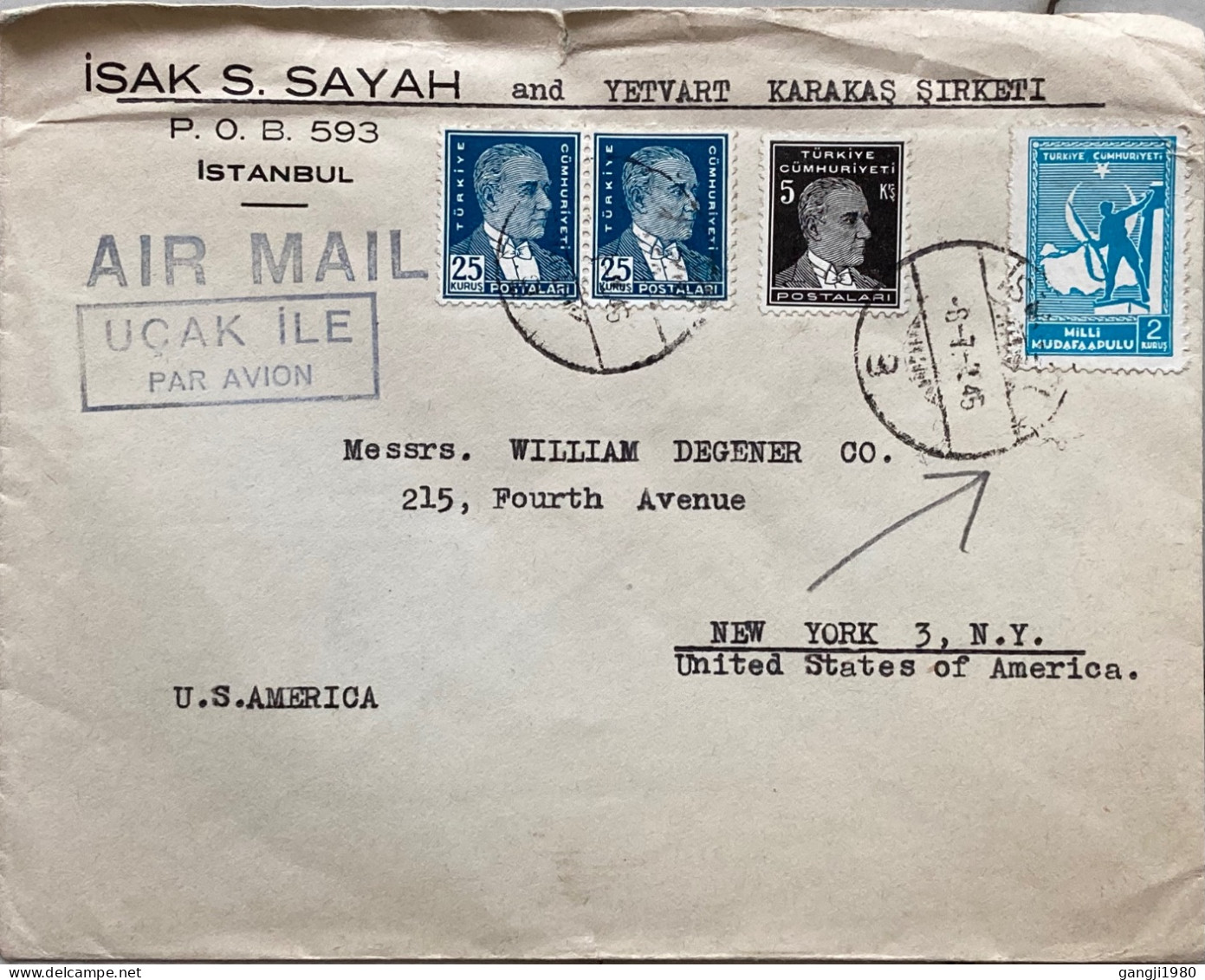 TURKEY 1945, ADVERTISING COVER, ISAK S SAYAH, USED TO WILLIAM DEGENER CO. USA, KEMAL ATATURK STAMPS,ISTANBUL CITY CANCEL - Briefe U. Dokumente