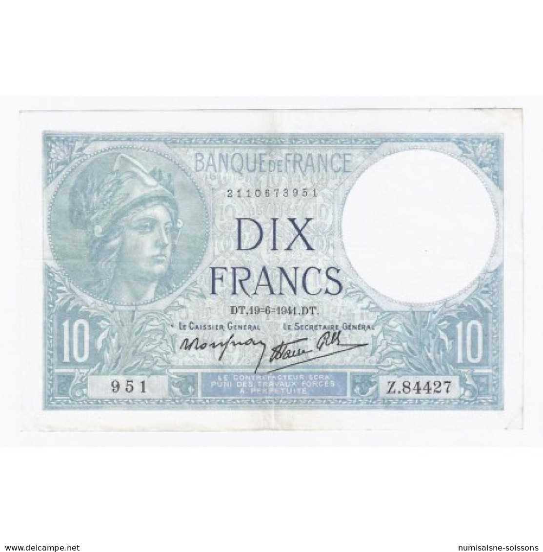 FAY 07/29 - 10 FRANCS MINERVE - 19/06/1941 - SUPERBE - PICK 84 - 10 F 1916-1942 ''Minerve''