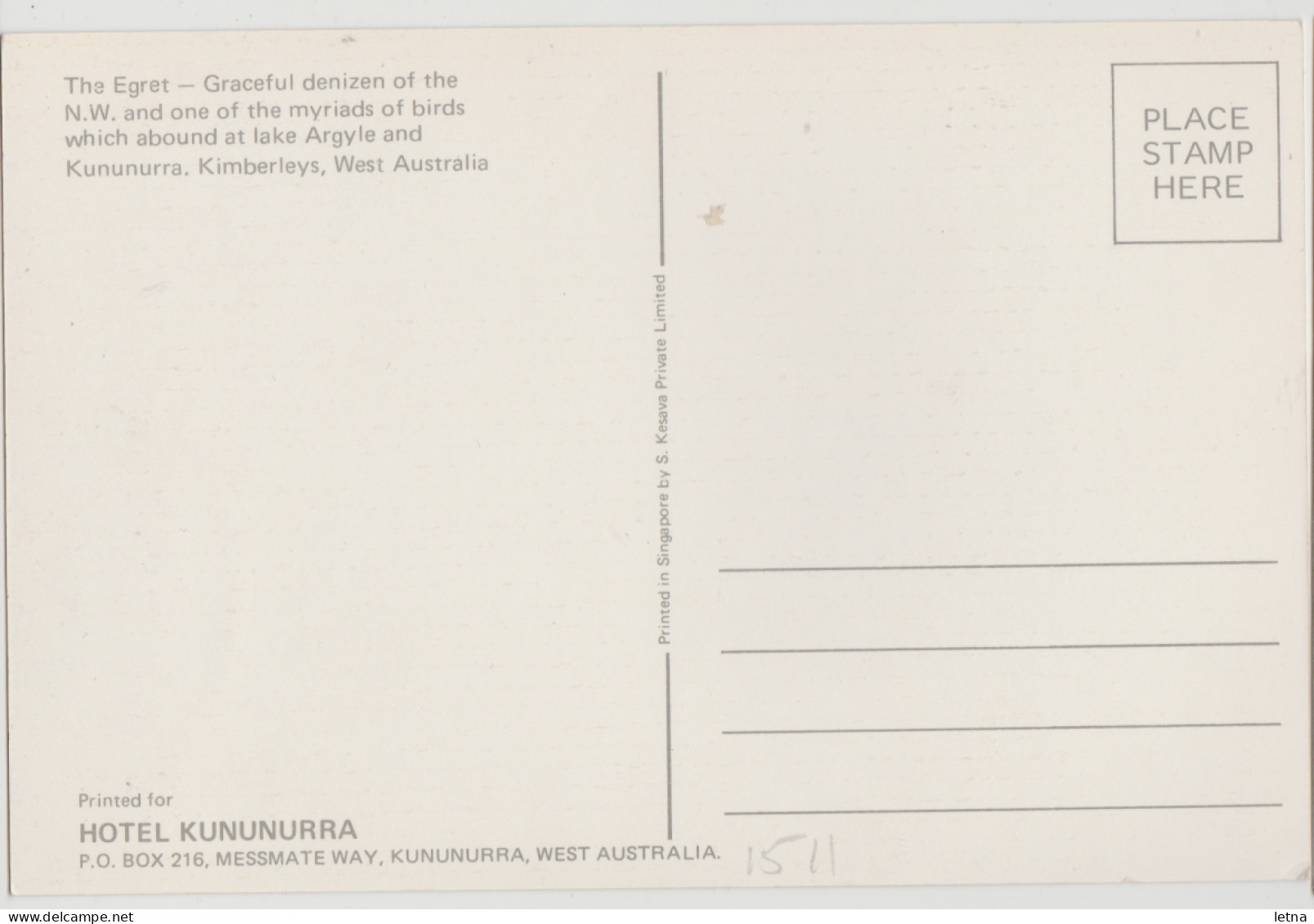 WESTERN AUSTRALIA WA Egret Bird North West KIMBERLEYS Hotel Kununurra Postcard C1970s - Other & Unclassified