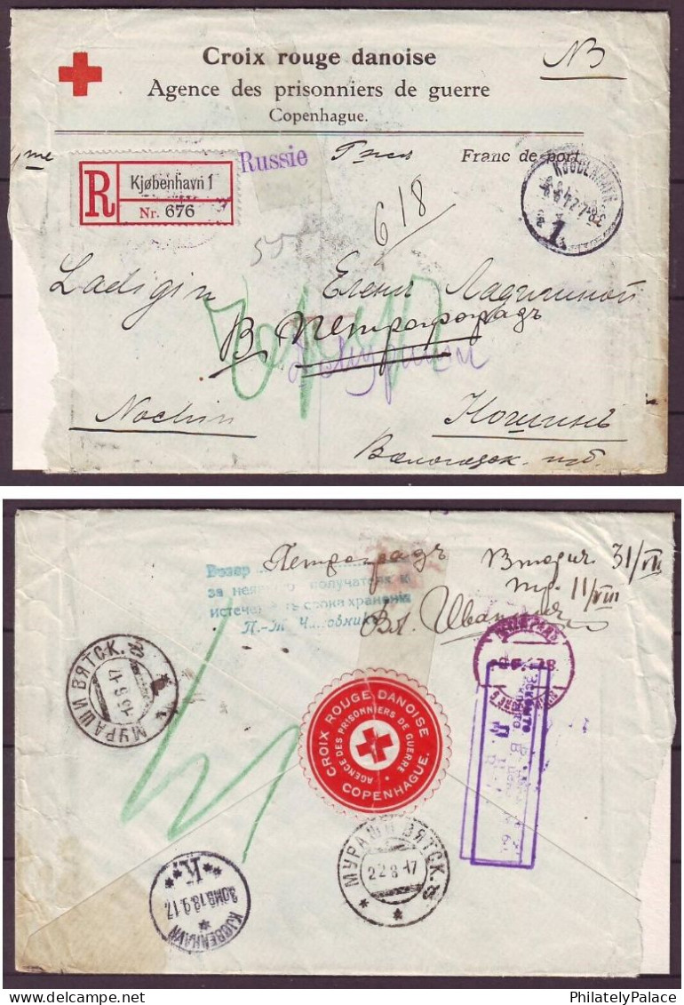 DENMARK 1917 RED CROSS RETURN Reg Censor Cover,Health, Copenhagen-Russia-Copenhagen(**) RARE - Lettres & Documents